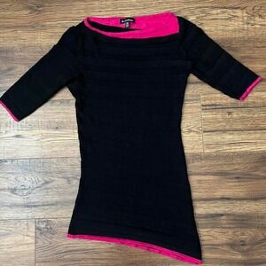 Y2K Le Chateau Black Pink Trim Fitted Top Women XXS Ribbed Stretch 2000s Vintage